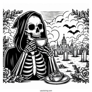 Skeleton Coloring Page Of Grim Reaper Drinking Tea In Cemetery Halloween