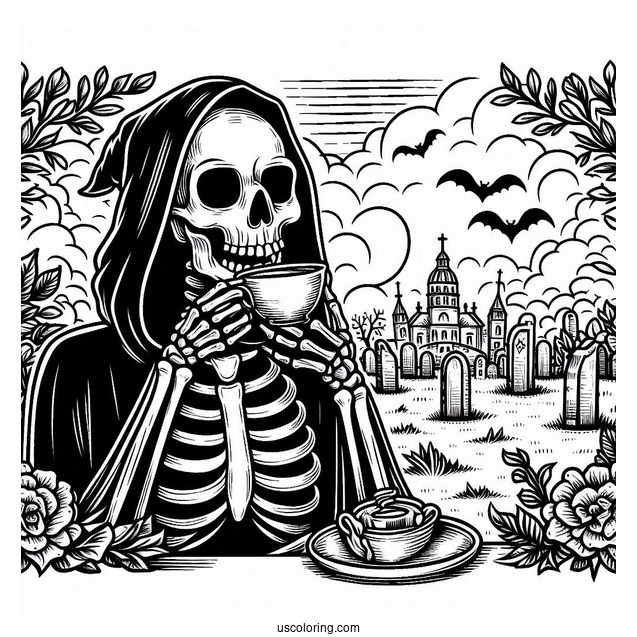 Skeleton Coloring Page Of Grim Reaper Drinking Tea In Cemetery Halloween