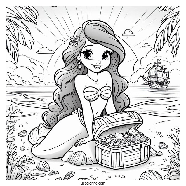 Palace Pets Coloring Page Of Ariel At The Beach With Treasure