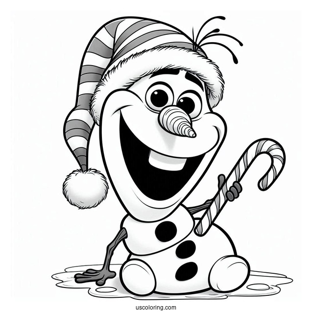 Olaf Wearing Santa Hat With Candy Cane To Color