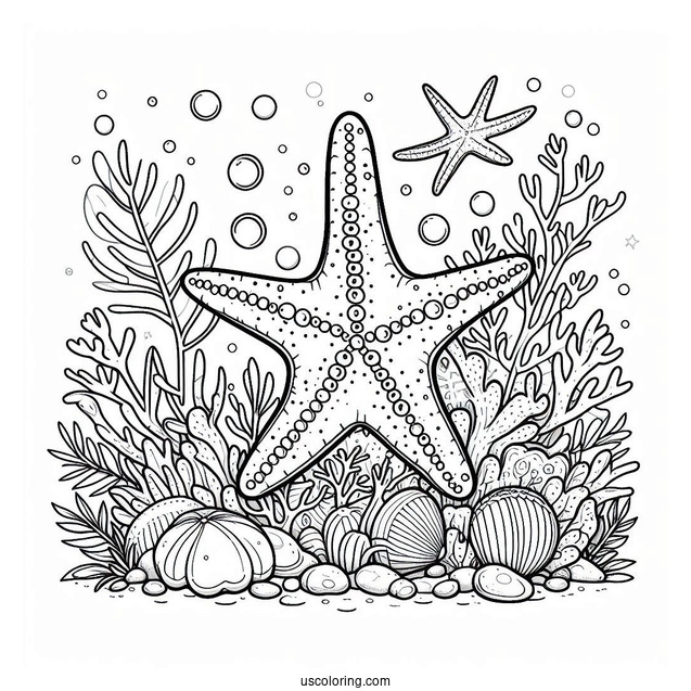 Large Starfish Coloring Page In Coral Reef For Kids