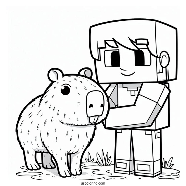 Minecraft Steve With A Capybara Coloring Page For Kids