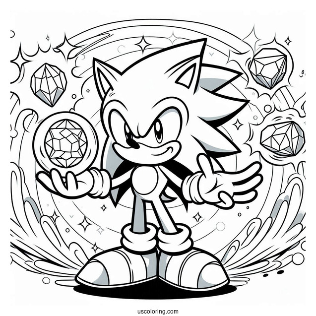 Super Sonic Coloring Page With Sonic Holding Chaos Emeralds