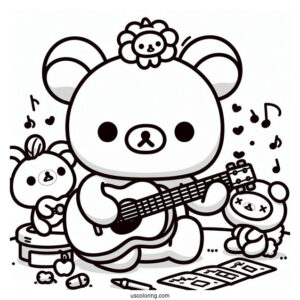 Rilakkuma Coloring Page Playing Guitar While Korilakkuma And Kiiroitori Listen For Kids