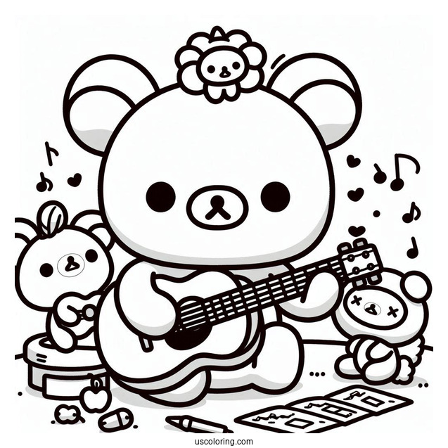 Rilakkuma Coloring Page Playing Guitar While Korilakkuma And Kiiroitori Listen For Kids
