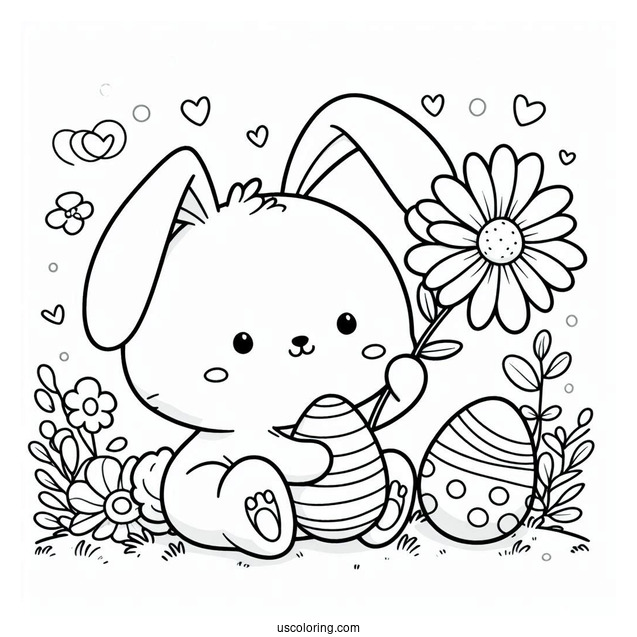 Adorable Easter Coloring Page Of Bunny Holding A Flower For Kids