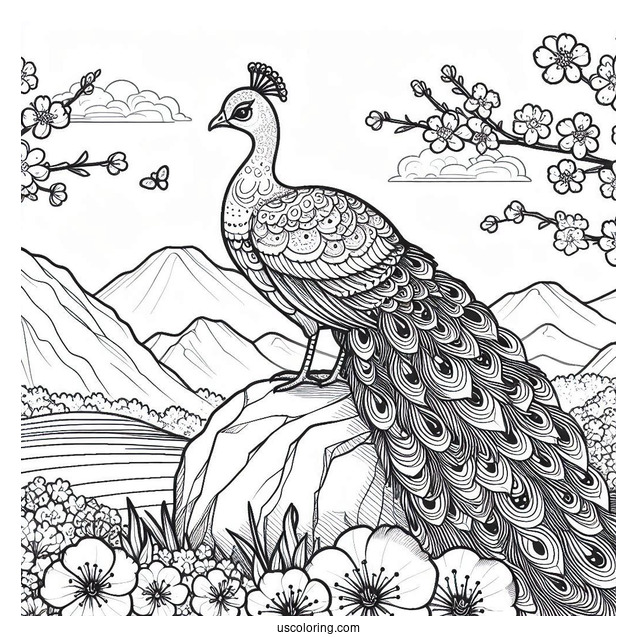 Peacock Coloring Page on Rock with Blossoms and Mountain Landscape