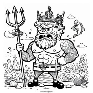 SpongeBob Coloring Page Of Angry King Neptune Holding Trident