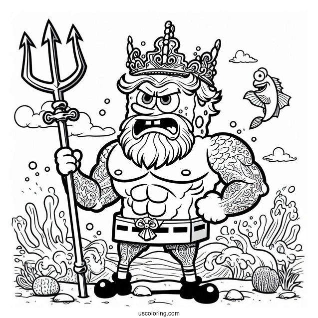 SpongeBob Coloring Page Of Angry King Neptune Holding Trident
