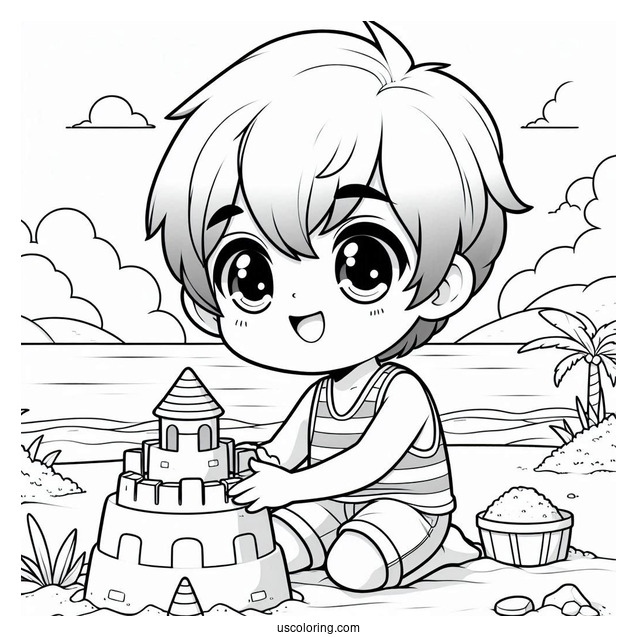 Playful Chibi Coloring Page Kid Building a Sandcastle on the Beach