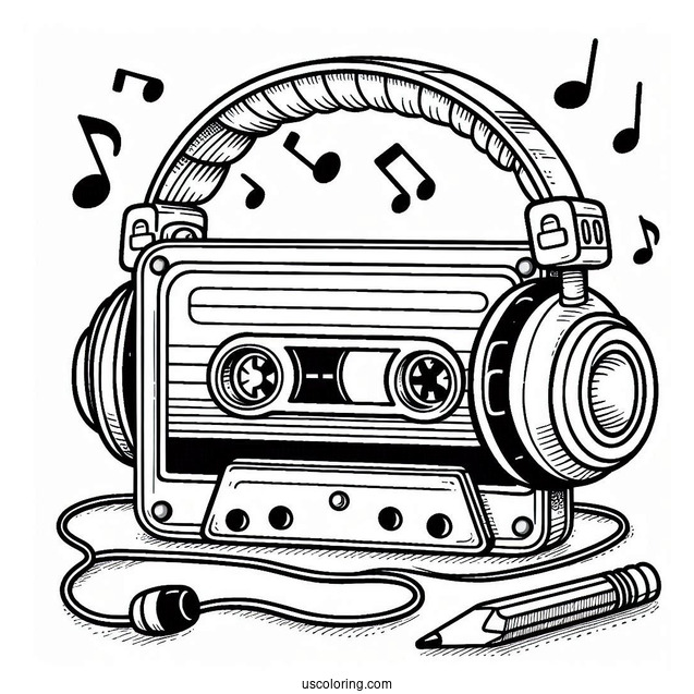 Music Coloring Page Of Retro Cassette Tape With Headphones