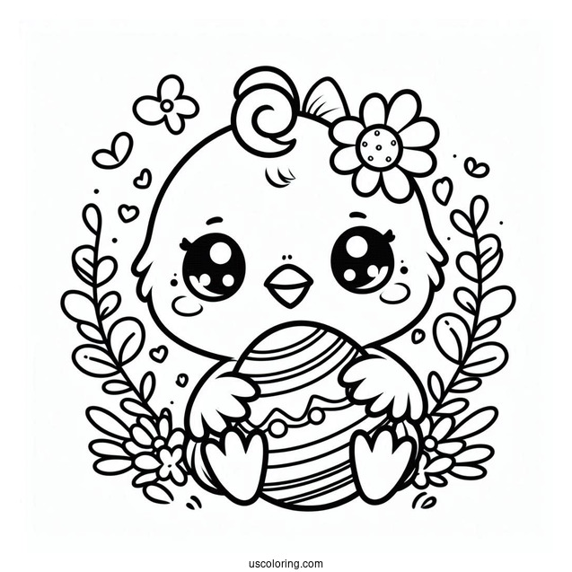 Easter Coloring Page Of Kawaii Chick Holding Easter Egg For Preschoolers