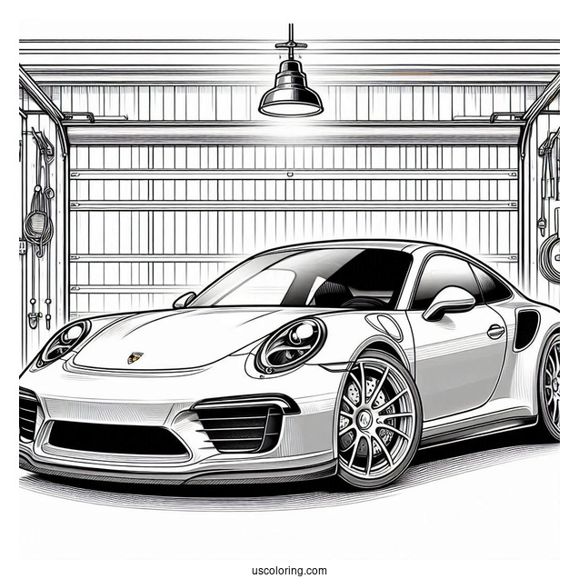 Sleek Porsche Coloring Page Parked In Garage