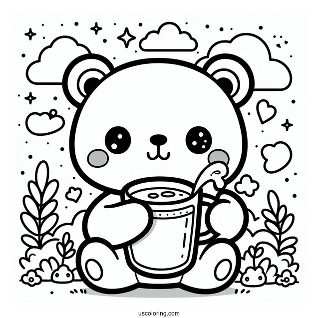 Kawaii Bear Holding A Cup O Milk Coloring Page For Kids