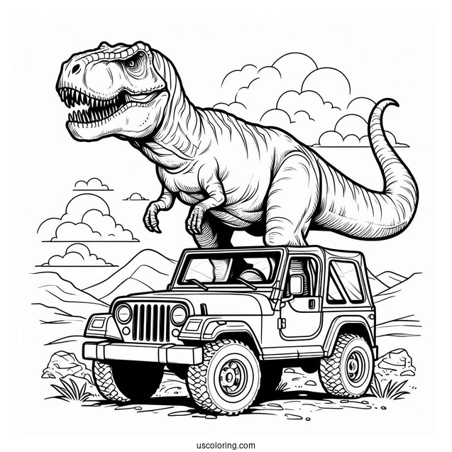 Jurassic Park T-Rex Standing On Jeep