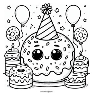 Donut Coloring Page Wearing A Birthday Hat In A Party