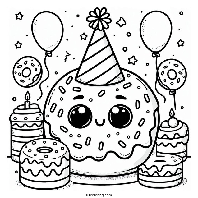 Donut Coloring Page Wearing A Birthday Hat In A Party