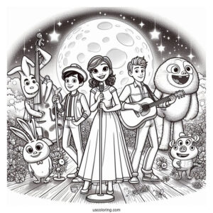 Sing Coloring Page Of Buster Moon With Rosita, Mike, Ash, Johnny, Meena, Gunter, And Eddie
