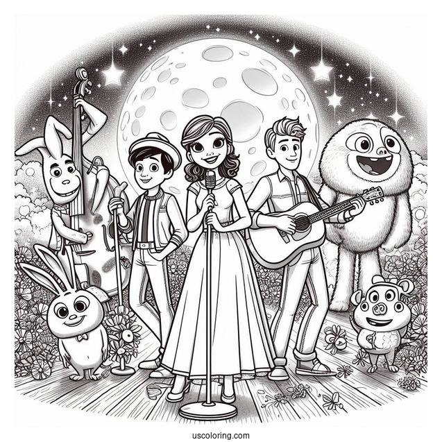 Sing Coloring Page Of Buster Moon With Rosita, Mike, Ash, Johnny, Meena, Gunter, And Eddie