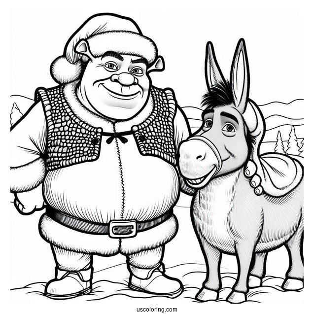Shrek Dressed As Santa With Donkey Coloring Sheet