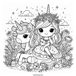 Cute Coloring Page Princess And Unicorn Sitting On A Flower Field