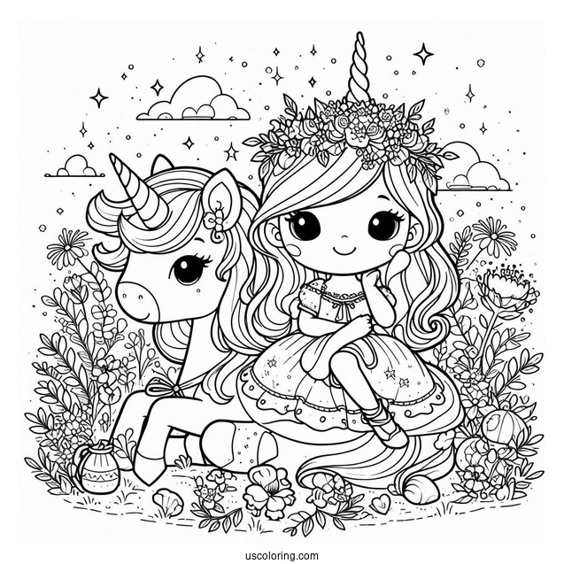Cute Coloring Page Princess And Unicorn Sitting On A Flower Field