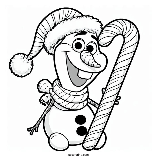 Olaf Wearing Santa Hat With Candy Cane To Color