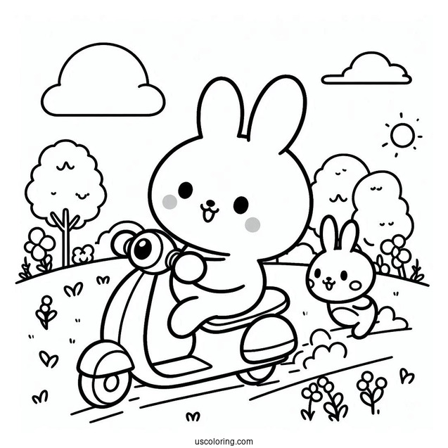 Pochacco Coloring Page And Friend Riding a Scooter On The Grass