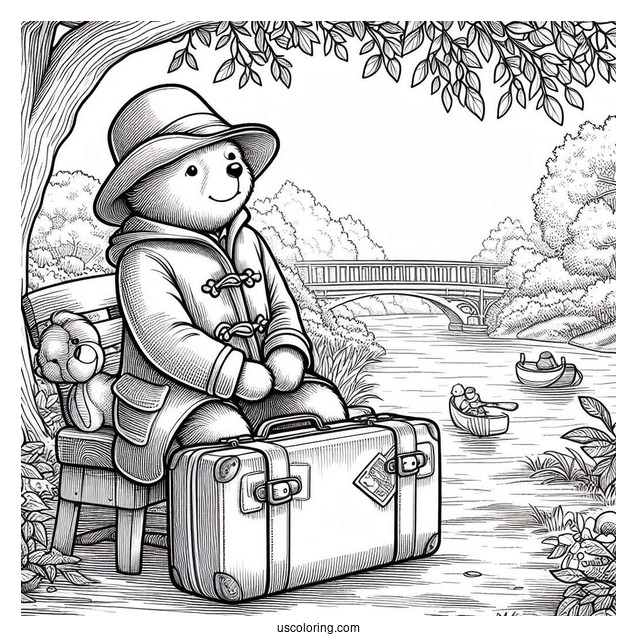 Simple Paddington Coloring Page Sitting On His Suitcase In The Park For Preschoolers