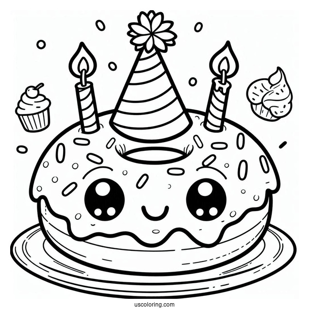 Donut Coloring Page Wearing A Birthday Hat In A Party