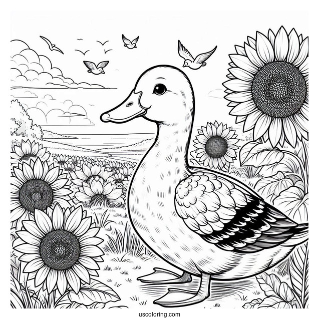 Realistic Duck in a Field of Sunflowers