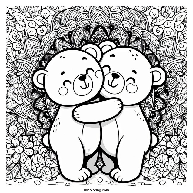 Two Cartoon Bear Coloring Page Hugging In Front Of Mandala