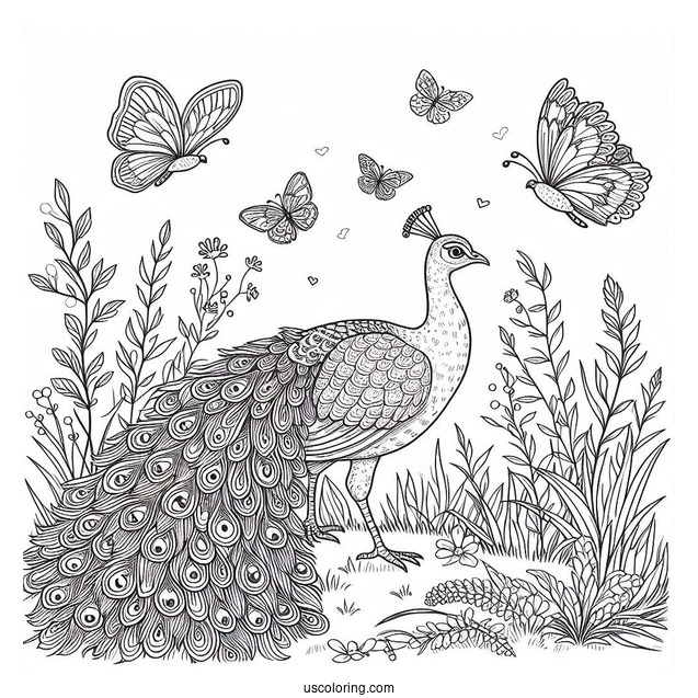 Peacock Finding Food In Meadow