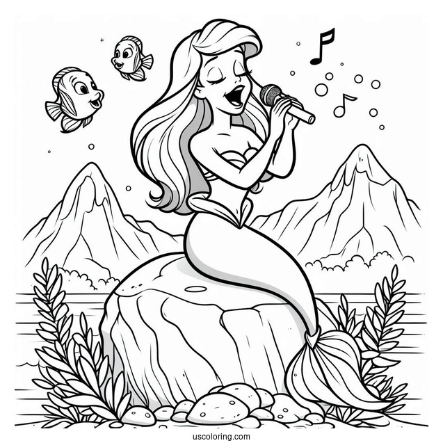Ariel Singing On Top Of Rock Coloring Sheet