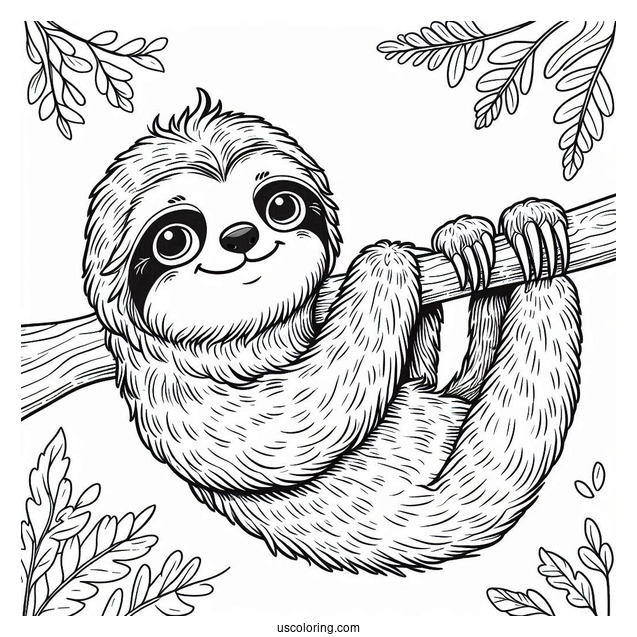 Smiling Sloth Hanging From Tree Branch To Color