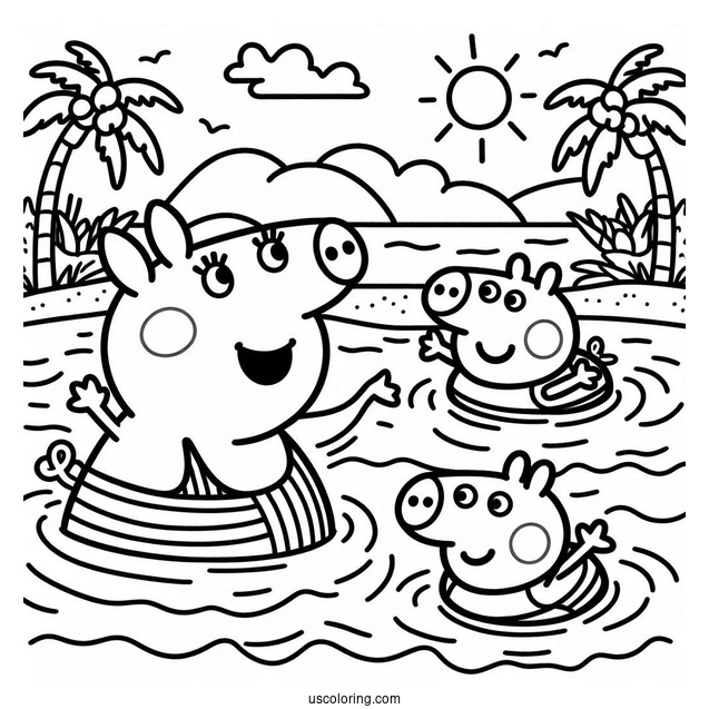 Swimming Coloring Page Of Mummy Pig Teaching George Pig And Peppa Pig To Swim