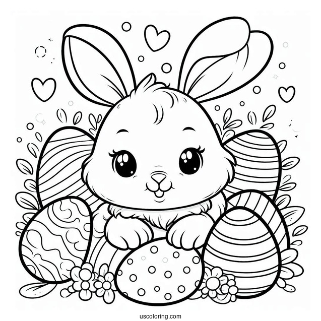 Cute Easter Bunny Coloring Page Surrounded By Eggs