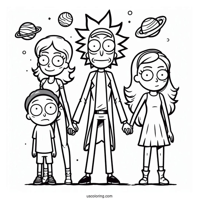 Rick, Morty, Summer, And Beth Coloring Sheet