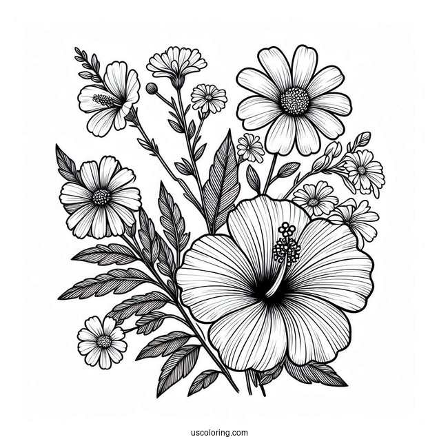 Flower Coloring Pages Of Hibiscus And Daisies With Wildflowers