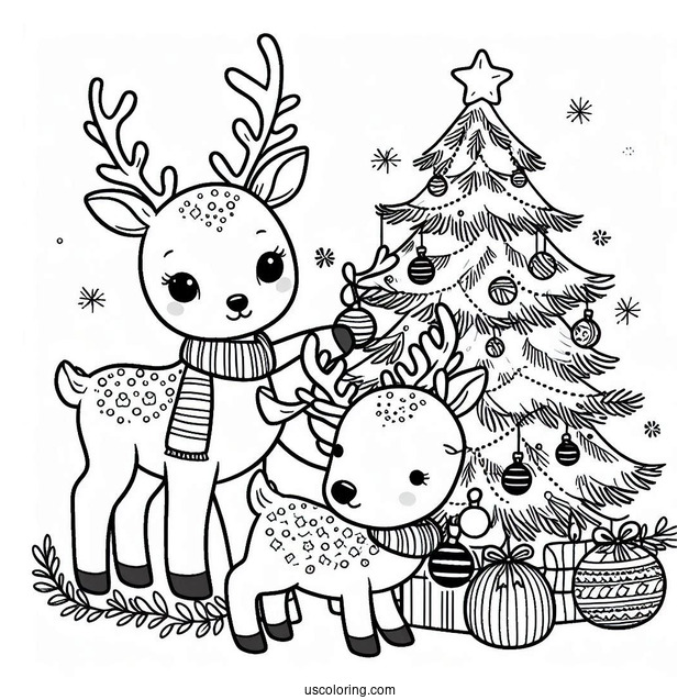 Two Cute Reindeer Decorating Christmas Tree