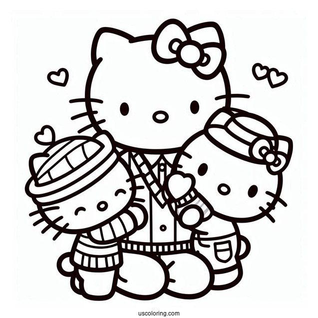 Hello Kitty And Mimmy Hugging George Papa White On Father's Day Coloring Page