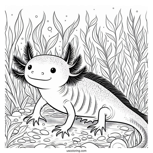 Adult Axolotl Coloring Page Wading Through Seaweed