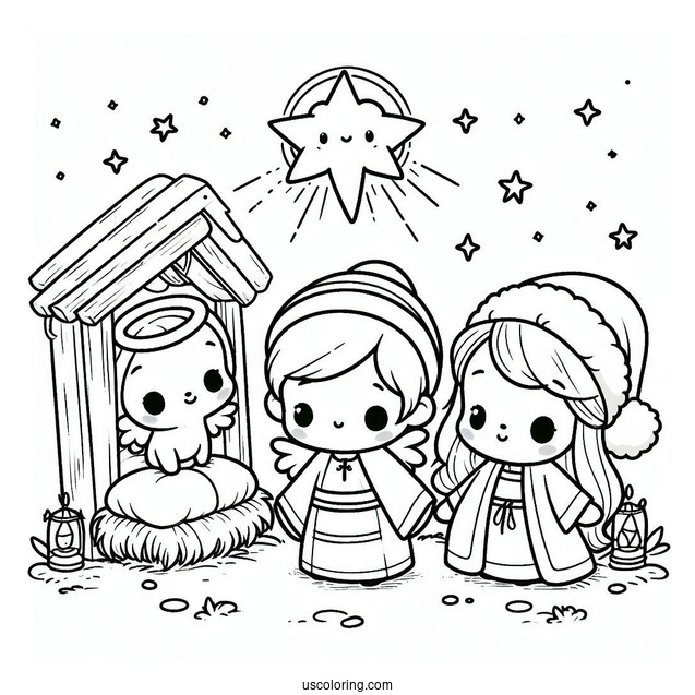 Nativity Coloring Page Of Cute Chibi Nativity With Star And Manger For Preschoolers