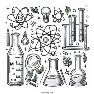 Science Coloring Page Of Elements Atom, Magnet, Test Tubes, Beaker, Light Bulb, And Magnifying Glass