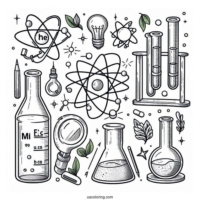 Science Coloring Page Of Elements Atom, Magnet, Test Tubes, Beaker, Light Bulb, And Magnifying Glass