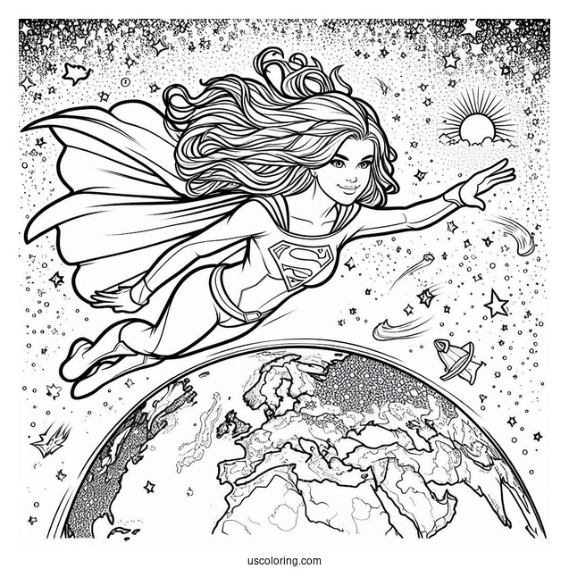 Comic Supergirl Coloring Page Flying Above Earth