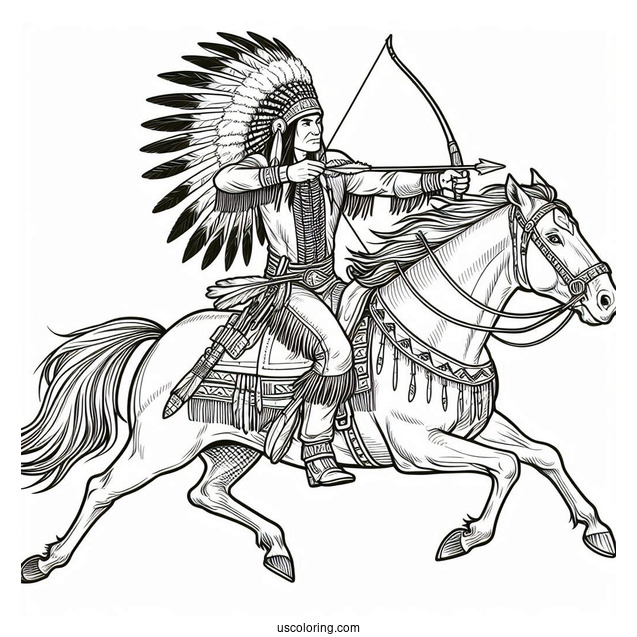 Native American Coloring Page Chief Shooting Arrow While Riding Horse