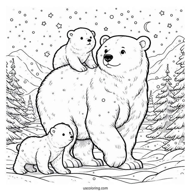 Polar Bear With Cubs On Snowy Day
