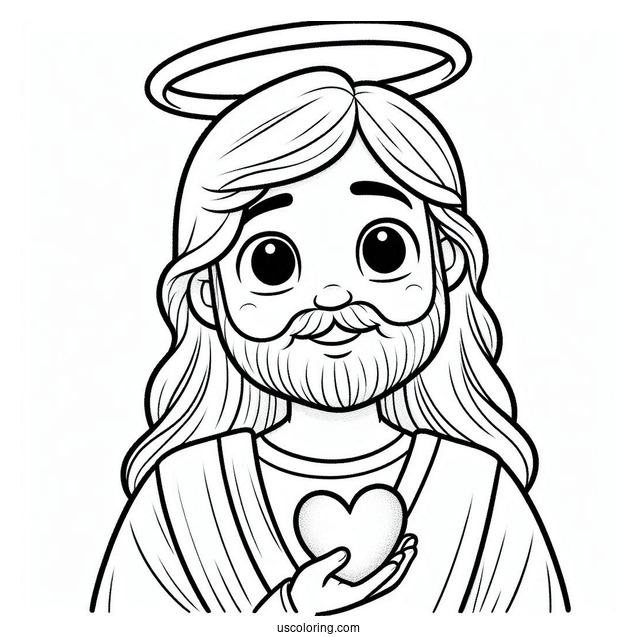 Smiling Jesus Coloring Pages With A Halo Holding A Love Heart For Preschoolers