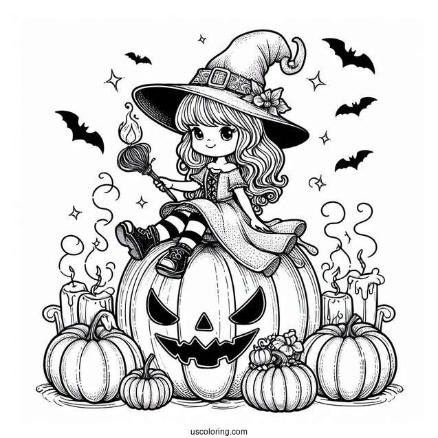 Pumpkin Coloring Page Witch Sitting On A Massive Jack O Lantern